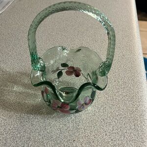 Beautiful vintage Fenton basket signed by painter M. Wagner. 6 1/4 inches tall